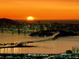 City skyline bridge sunset orange 4 - orange sun free wallpaper