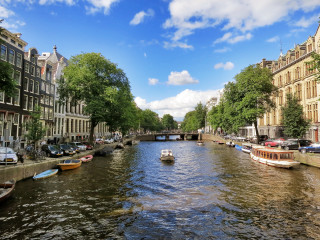 River boats buildings trees bridge - tall building and trees free wallpaper