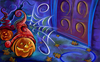 Pumpkin spider web doorway blue 2 - pop surrealism free wallpaper
