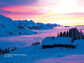 Snowy mountain house pink sky - a snowy mountain free wallpaper