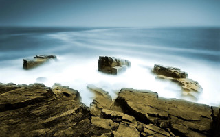 Rocky shore water rocks outcroppings 3 - long exposure free wallpaper