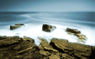 Rocky shore water rocks outcroppings 2 - long exposure free wallpaper