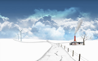 Snowy landscape road windmills house - left free wallpaper