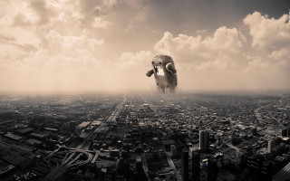 Large elephant flying city cloudy 2 - surreal photography free wallpaper