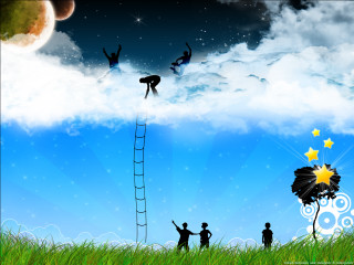 Group people ladder cloudy sky 2 - matte fantasy painting free wallpaper