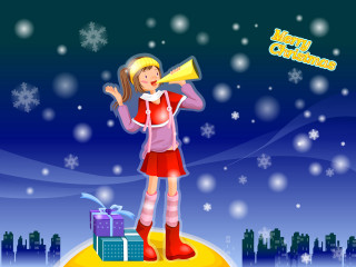 Girl red dress yellow horn 4 - front of her free wallpaper