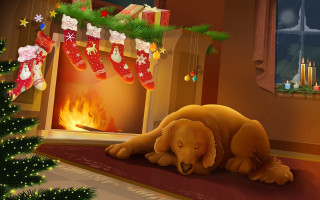 Dog sleeping fireplace stockings christmas - evgeny lushpin free wallpaper