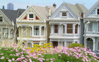 Houses grass flowers sky clouds - betye saar free wallpaper