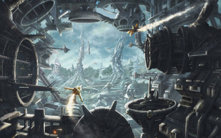 Futuristic city giant machine man - matte painting concept art free wallpaper