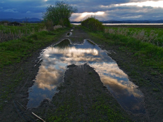 Road puddles cloudy sky background 2 - a road free wallpaper
