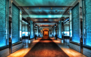 Long hallway blue wall mirror - another room free wallpaper