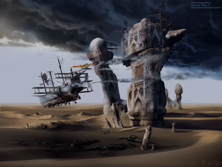Ship desert rock formation background - matte fantasy painting free wallpaper for desktop