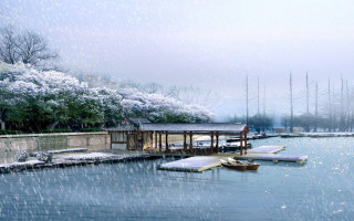 Boat dock snow falling boats - matte painting concept art free wallpaper