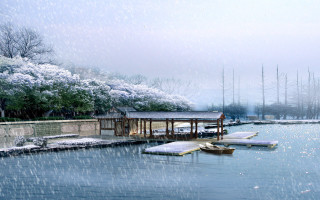 Boat dock snow falling trees - matte painting concept art free wallpaper