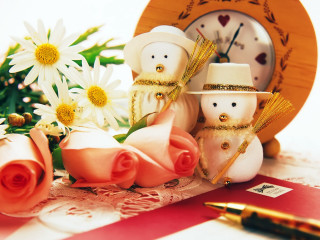 Clock flowers table pen paper - romantic free wallpaper