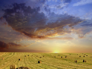 Hay bales sunset clouds field - landscape free wallpaper