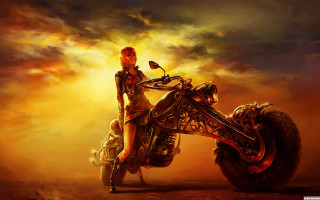 Woman motorcycle surreal painting sky - bastien lecouffedeharme free wallpaper