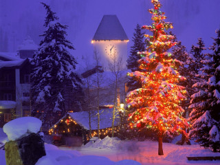 Christmas tree snow building lights - evgeny lushpin free wallpaper