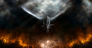 Dragon flying city cloudy smoke - dragon art free wallpaper