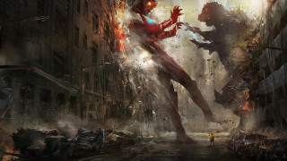 Woman red suit giant monster - a red suit free wallpaper