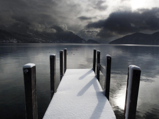 Snow covered dock lake mountains - bernd fasching free wallpaper