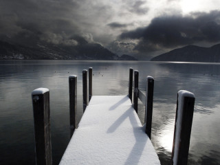 Snow covered dock lake mountains 2 - a matte painting free wallpaper