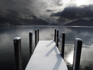 Snow covered dock lake mountains 4 - dark free wallpaper