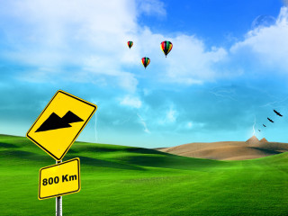 Yellow sign road blue sky - hot air balloon free wallpaper
