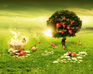 Tree basket strawberries field chickens 5 - a basket of strawberries free wallpaper