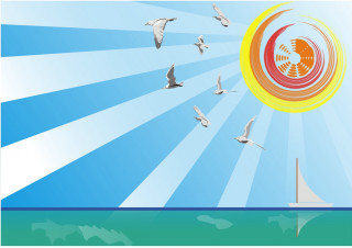 Flock birds water sun sailboat - over a body of water free wallpaper
