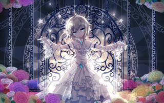 Woman white dress gate flowers - luminous free wallpaper