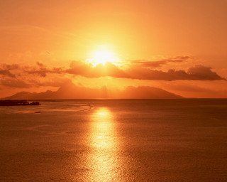 Sunset water boat mountains distance - the water and mountains free wallpaper