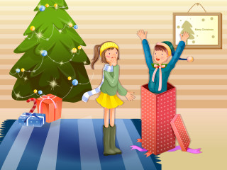 Boy girl christmas tree presents 2 - a boy and a girl free wallpaper