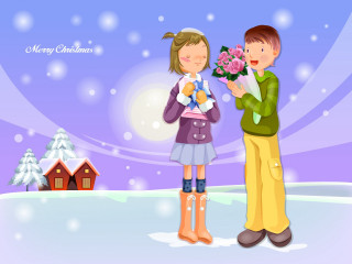 Boy giving girl bouquet snow 2 - romantic free wallpaper