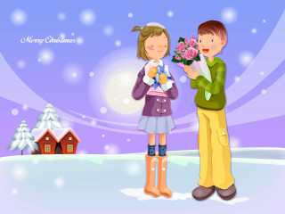 Boy giving girl bouquet snow 4 - romantic free wallpaper