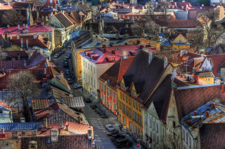 City buildings cars parked hill - tilt shift free wallpaper