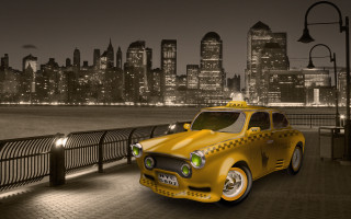 Taxi bridge water city skyline 4 - matte drawing free wallpaper