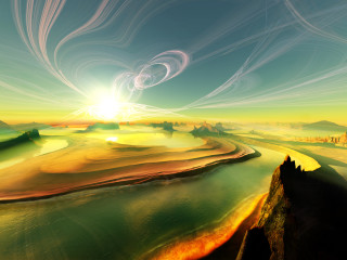 Landscape river mountains sun bright - a bright sun in the sky free wallpaper