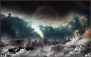 City skyline clouds huge moon - huge free wallpaper