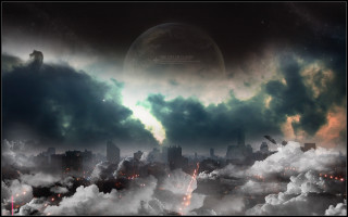 City skyline clouds huge moon 2 - huge free wallpaper