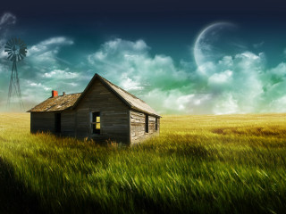 House field windmill clouds sky - a house in a field free wallpaper