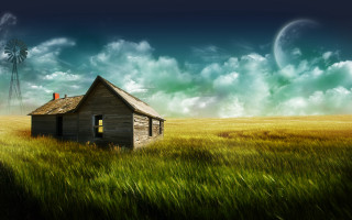 House field windmill clouds sky 2 - a house in a field free wallpaper