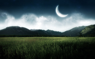 Crescent moon grassy field mountains 8 - tonalism free wallpaper