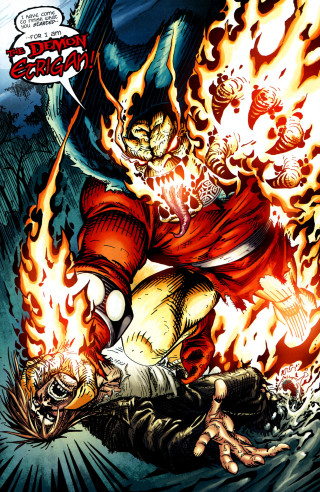 Demon attacking sword fire cartoon - sōsaku hanga free wallpaper