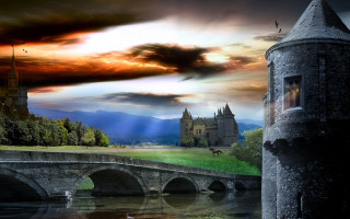 Castle bridge river sky clouds - a bridge and a river in front free wallpaper