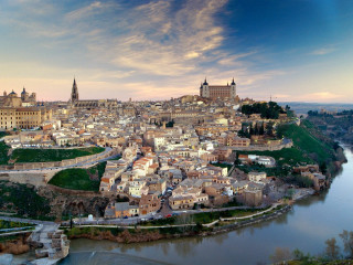 City river bridge crossing scene - panoramic view free wallpaper