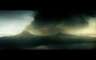 Mountain lake clouds sky painting - a painting of a mountain free wallpaper