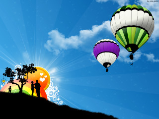 Hill people blue sky hotairballoons - romantic free wallpaper