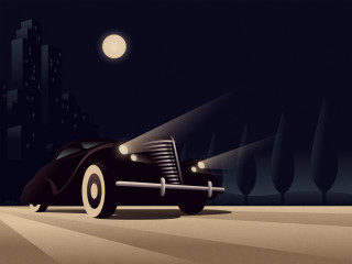 Car night street moon city - art deco free wallpaper
