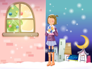 Girl teddy bear winter moon 3 - a teddy bear in front free wallpaper